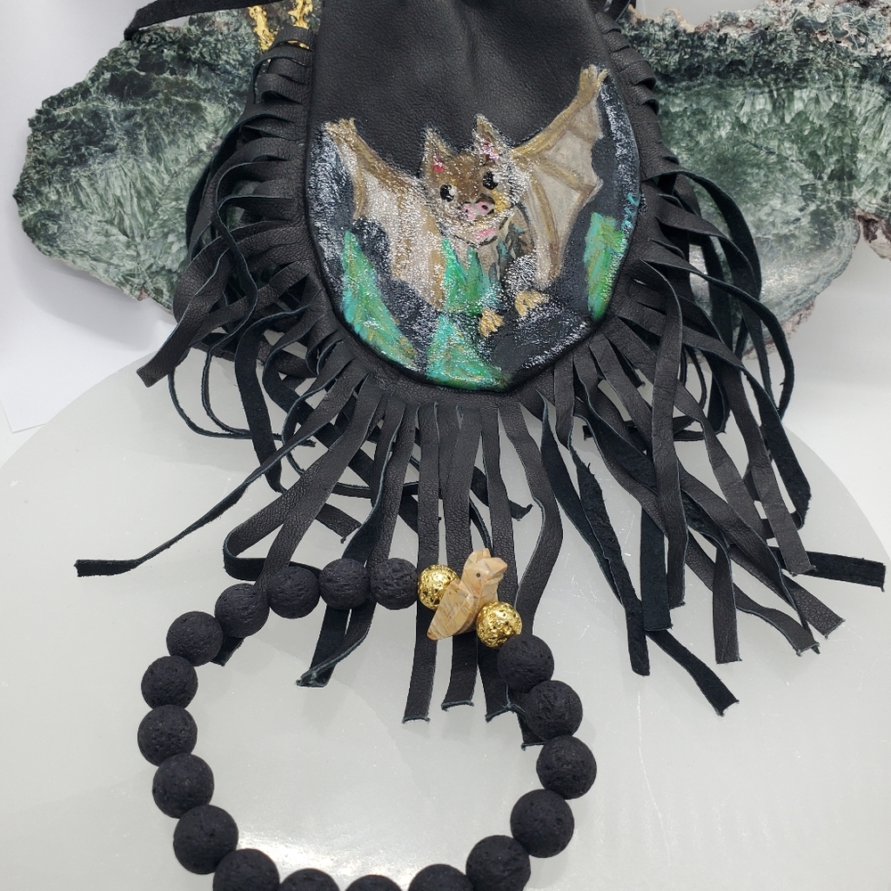 Hand Painted Leather MOJO Bag with Bat and Matching Crystal Beaded Brace…